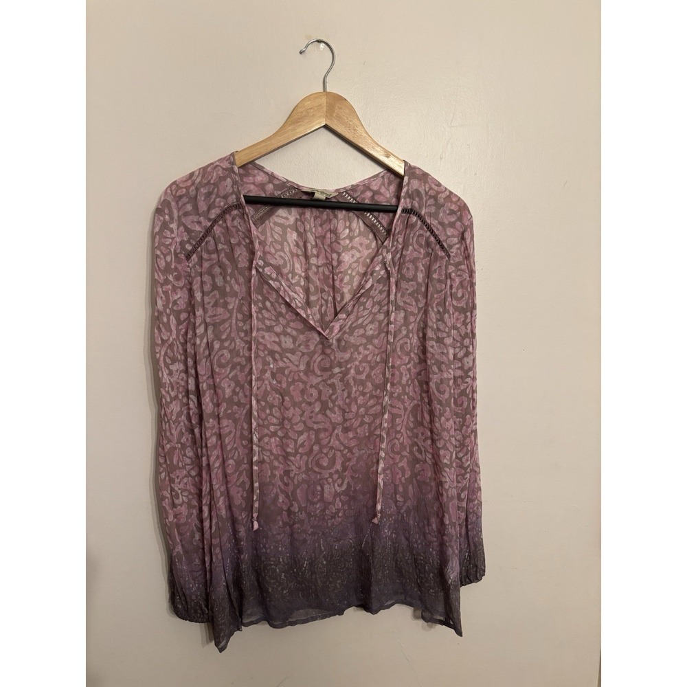 Lucky Brand Women's‎ Purple Gradient Tribal Sheer Peasant Blouse Tie Neck Large